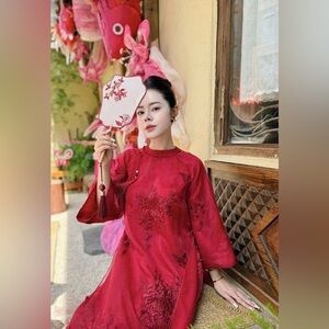 Ao dai cach tan to theu, Vietnamese modern long dress set red 2 4 6 8 m l 2xl 🎁